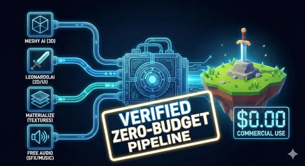 A digital blueprint illustration visualizing a free AI game asset pipeline. Icons for Meshy AI, Leonardo.ai, and Materialize converge to create a finished 3D game scene with a prominent "$0.00 Commercial Use" price tag and a "Verified Zero-Budget Pipeline" stamp.