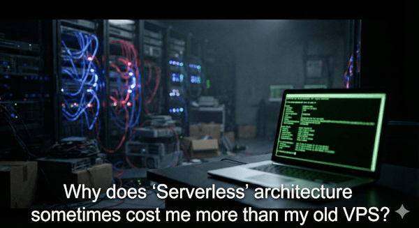 A moody 3D render of a server room with glowing lights, representing the complexity of cloud infrastructure, with text overlay asking about Serverless vs VPS costs.