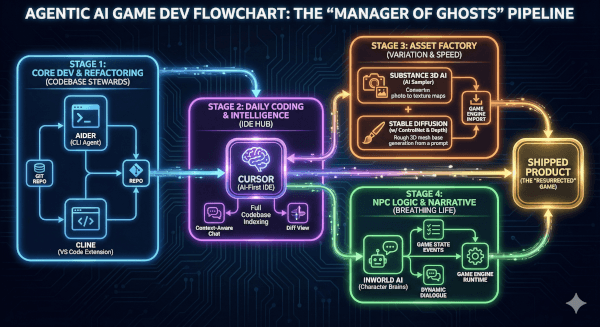 Futuristic developer workspace with holographic screens showing AI agents writing code and managing game assets.