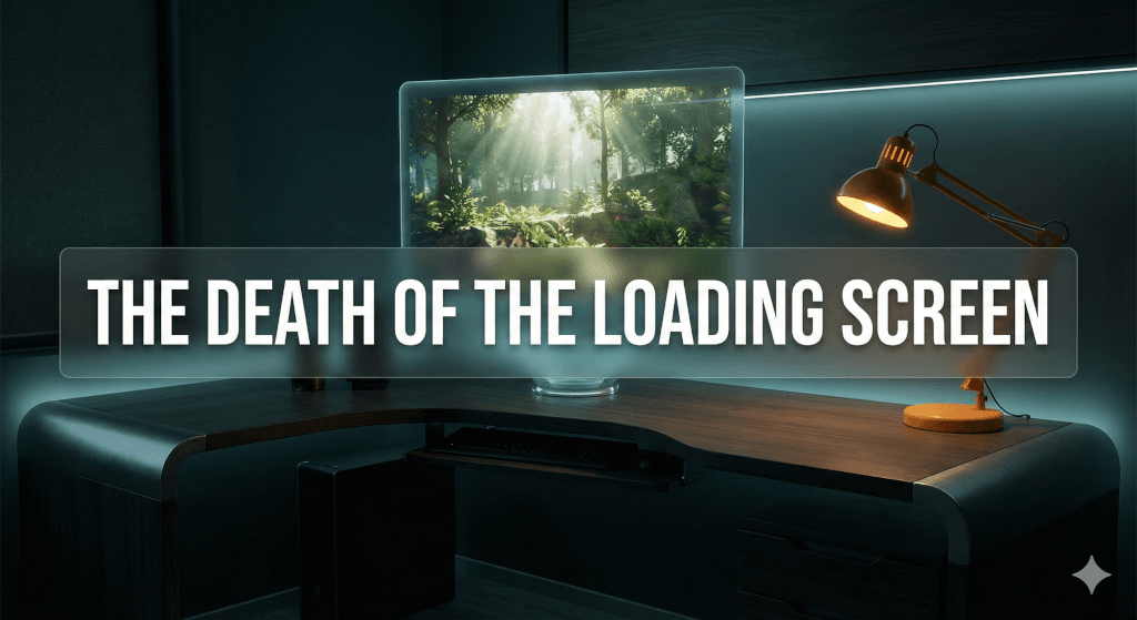 Futuristic game developer workstation with holographic 3D world geometry being generated in real-time, featuring the title overlay THE DEATH OF THE LOADING SCREEN.