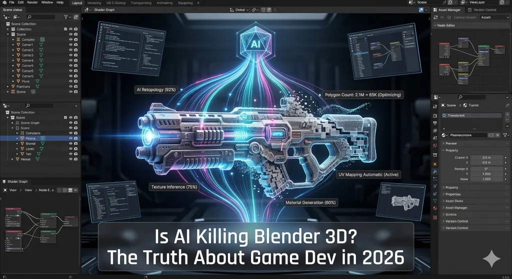 A screenshot of a conceptual dark-mode 3D game development software interface. At the top center, a glowing "AI" icon connects via cyan and magenta data streams to a detailed, sci-fi assault rifle model. Floating text panels surrounding the gun detail automated AI processes: "AI Retopology (92%)", "Polygon Count: 2.1M -> 65K (Optimizing)", "Texture Inference (75%)", "UV Mapping Automatic (Active)", and "Material Generation (80%)". The background features windows with code snippets, shader node graphs, and an asset view. In the foreground, large white text asks, "Is AI Killing Blender 3D? The Truth About Game Dev in 2026".