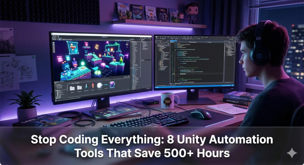 A young man with headphones sits at a desk in a dimly lit room at night, bathed in purple and blue ambient lighting. He is looking at two large monitors. The left monitor displays a complex 3D platformer game level being designed within the Unity engine editor, with glowing blocks and detailed assets. The right monitor shows lines of C# script code in an IDE. On the desk are a keyboard, mouse, a character-themed mug, and several books and notebooks. A shelf above holds pop culture figurines, and a city skyline is visible through the window. Across the bottom of the image in large white text is the title: 'Stop Coding Everything: 8 Unity Automation Tools That Save 500+ Hours'.