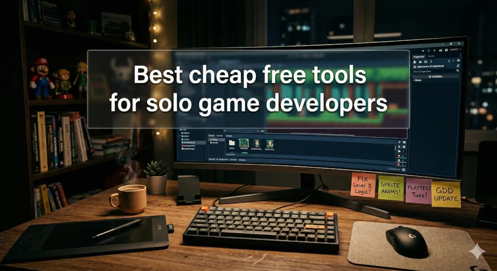 A photo of a detailed home desk setup for a solo game developer at night, featuring a large curved monitor displaying a game engine editor (with pixel art and code) and a text overlay box reading, 'Best cheap free tools for solo game developers.' The desk surface has a steaming coffee mug, a drawing tablet with a stylus, a mechanical keyboard with RGB lights, a gaming mouse, and four handwritten sticky notes with tasks: 'FIX Level 3 Logic!', 'SPRITE ANIMS!', 'PLAYTEST Tues!', and 'GDD UPDATE'. In the background are blurred bookshelves with gaming collectibles and a window showing a city skyline.