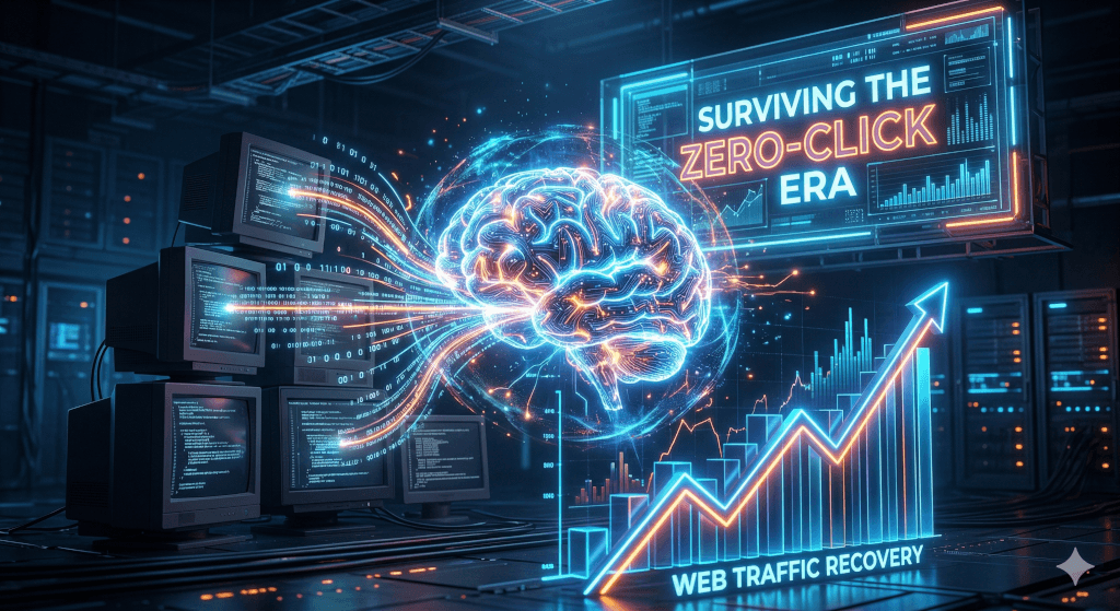 A futuristic 3D digital illustration of a server room featuring a large, glowing, blue and orange neural network brain in the center. The brain absorbs dynamic data streams and code from a stack of vintage CRT monitors on the left. In the foreground is a vibrant, neon-lit line graph showing a dramatic upward trend, labeled "WEB TRAFFIC RECOVERY." In the background, a large digital billboard displays the text "SURVIVING THE ZERO-CLICK ERA." The scene uses a cinematic neon blue and orange color palette.